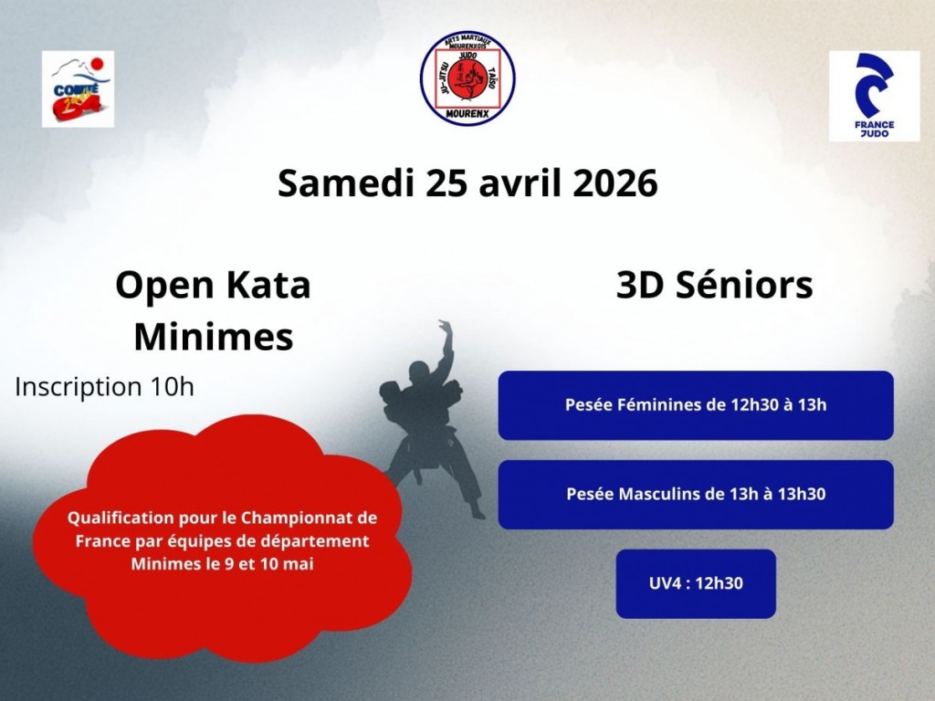 Image de l'actu 'Le samedi 25 avril 2026 Au dojo de Mourenx le matin open kata minimes et après-midi championnat 3e division Séniors avec sélection excellence ou honneur plus UV4'