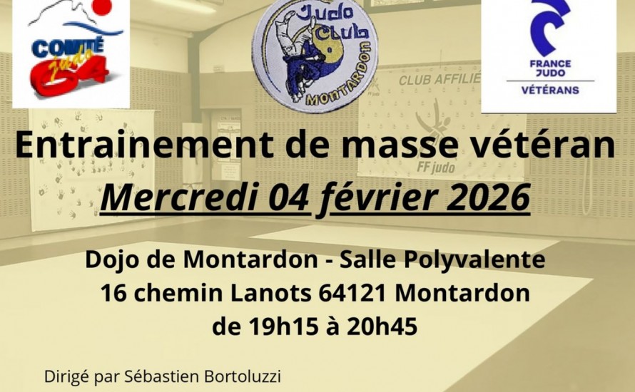 Entrainement Vétérans : RDV au DOJO de MONTARDON le mercredi 4 février 2026 de 19h15 à 20h45