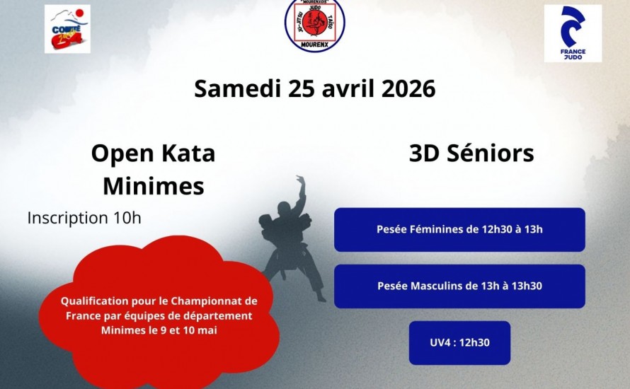 Le samedi 25 avril 2026 Au dojo de Mourenx le matin open kata minimes et après-midi championnat 3e division Séniors avec sélection excellence ou honneur plus UV4